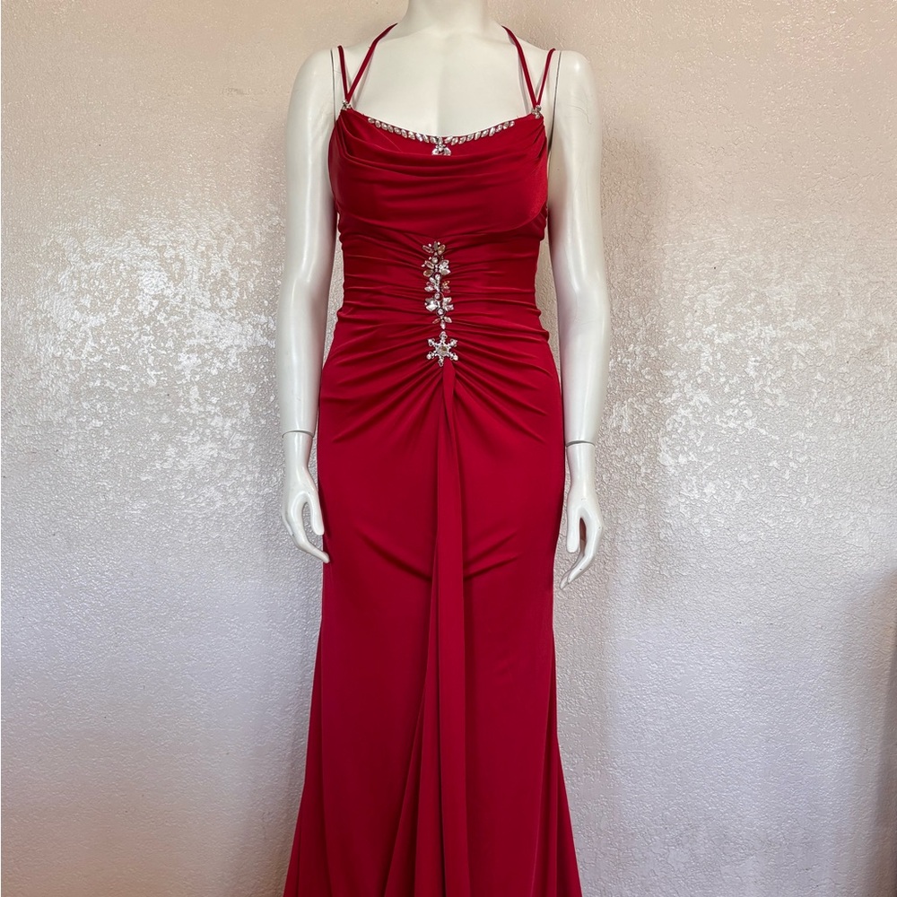 Red Rhinestone-Accent Prom Evening Gown